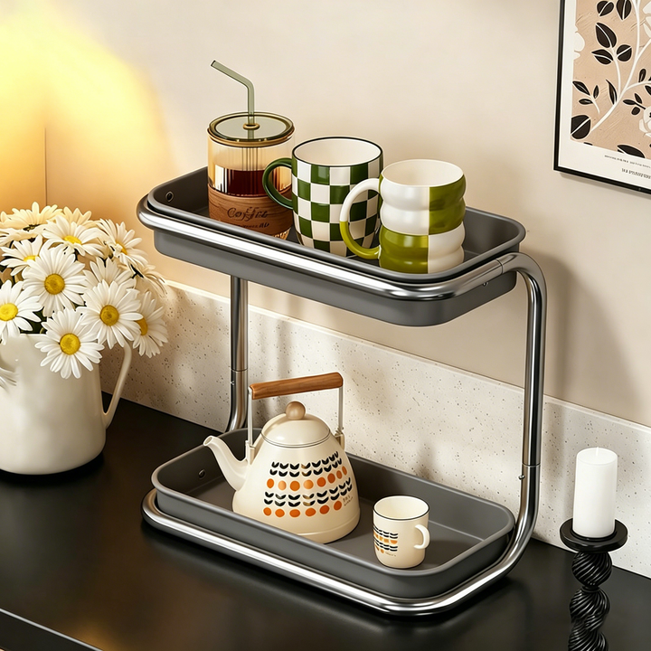 Modern Minimalist Carbon Steel Space-Saving Cup Holder Organizer Storage Shelf 2-Tier For Entryway &amp; Living Room