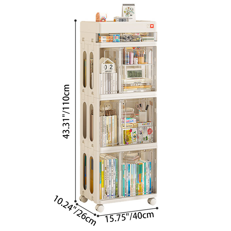 Modern Minimalist PP &amp; ABS &amp; HIPS &amp; PET Space-Saving Rectangular Folding Bookcase With Doors &amp; Wheels Storage Cabinet 1-4 Tier For Living Room