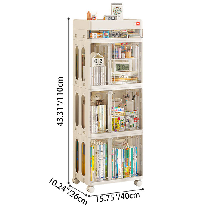 Modern Minimalist PP &amp; ABS &amp; HIPS &amp; PET Space-Saving Rectangular Folding Bookcase With Doors &amp; Wheels Storage Cabinet 1-4 Tier For Living Room