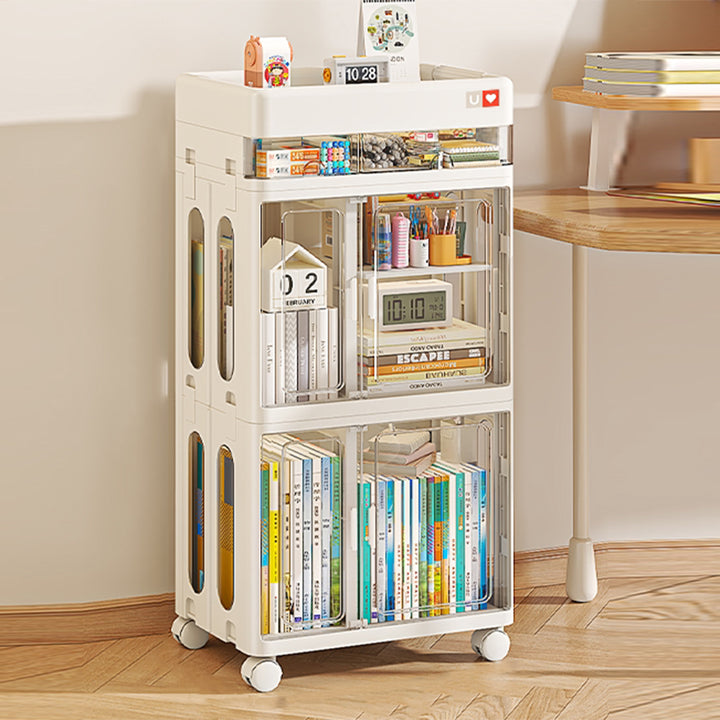 Modern Minimalist PP &amp; ABS &amp; HIPS &amp; PET Space-Saving Rectangular Folding Bookcase With Doors &amp; Wheels Storage Cabinet 1-4 Tier For Living Room