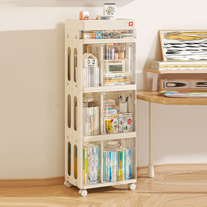 Modern Minimalist PP &amp; ABS &amp; HIPS &amp; PET Space-Saving Rectangular Folding Bookcase With Doors &amp; Wheels Storage Cabinet 1-4 Tier For Living Room