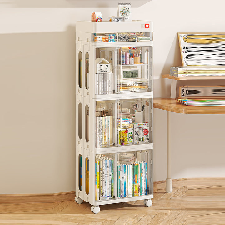 Modern Minimalist PP &amp; ABS &amp; HIPS &amp; PET Space-Saving Rectangular Folding Bookcase With Doors &amp; Wheels Storage Cabinet 1-4 Tier For Living Room