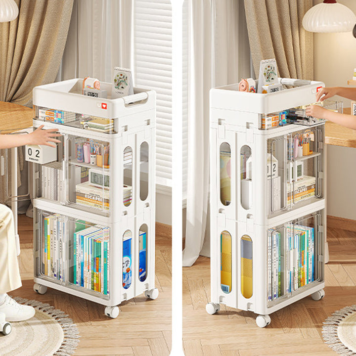 Modern Minimalist PP &amp; ABS &amp; HIPS &amp; PET Space-Saving Rectangular Folding Bookcase With Doors &amp; Wheels Storage Cabinet 1-4 Tier For Living Room