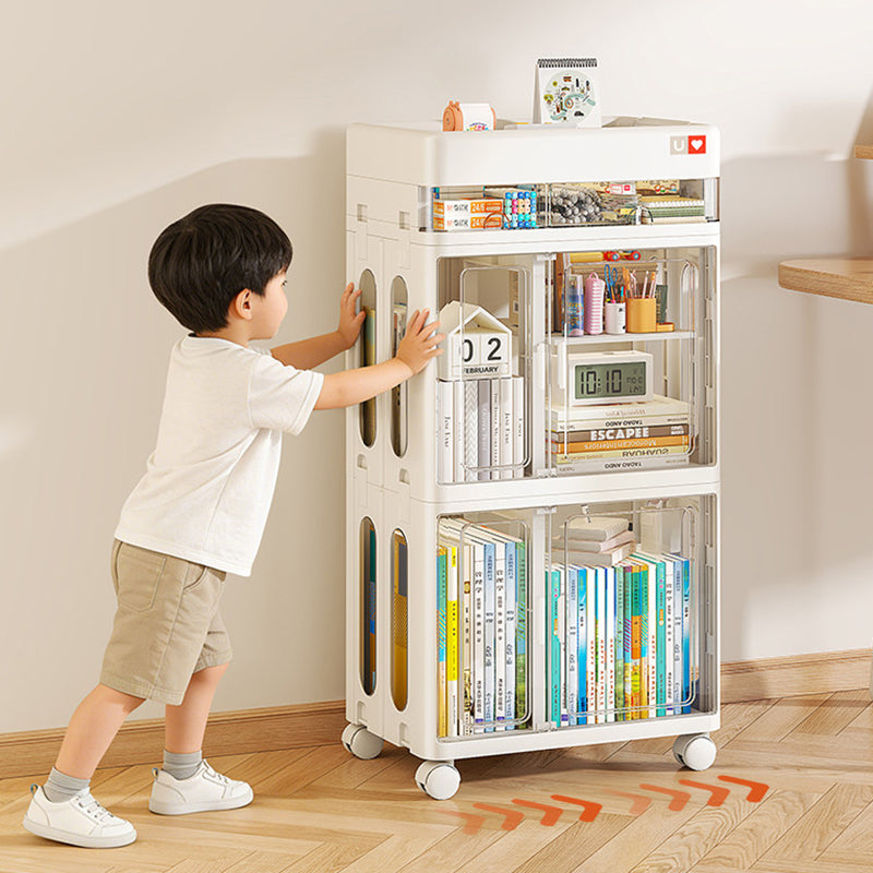 Modern Minimalist PP &amp; ABS &amp; HIPS &amp; PET Space-Saving Rectangular Folding Bookcase With Doors &amp; Wheels Storage Cabinet 1-4 Tier For Living Room