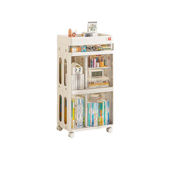 Modern Minimalist PP &amp; ABS &amp; HIPS &amp; PET Space-Saving Rectangular Folding Bookcase With Doors &amp; Wheels Storage Cabinet 1-4 Tier For Living Room