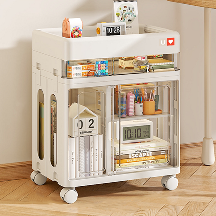 Modern Minimalist PP &amp; ABS &amp; HIPS &amp; PET Space-Saving Rectangular Folding Bookcase With Doors &amp; Wheels Storage Cabinet 1-4 Tier For Living Room