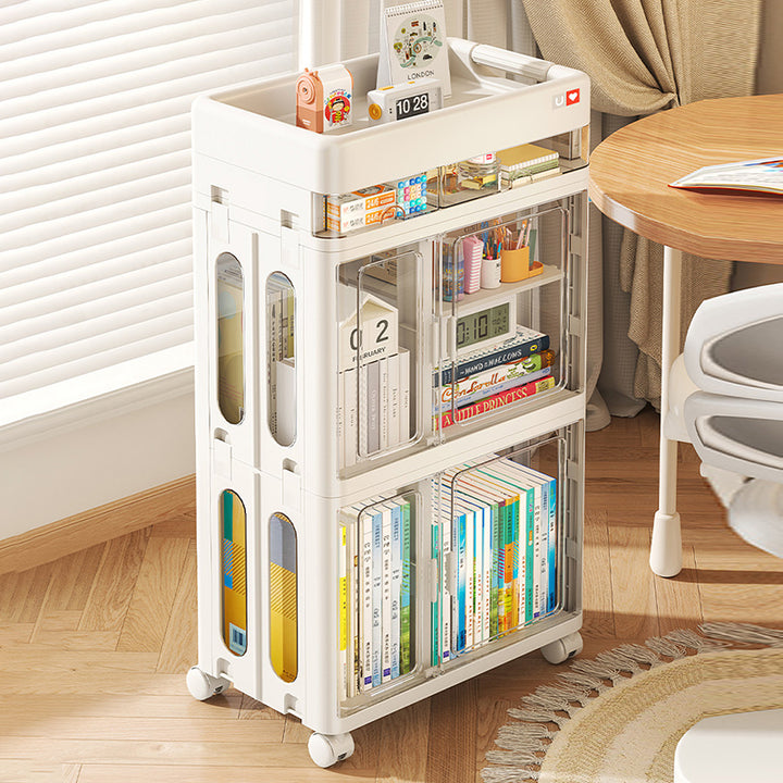 Modern Minimalist PP &amp; ABS &amp; HIPS &amp; PET Space-Saving Rectangular Folding Bookcase With Doors &amp; Wheels Storage Cabinet 1-4 Tier For Living Room
