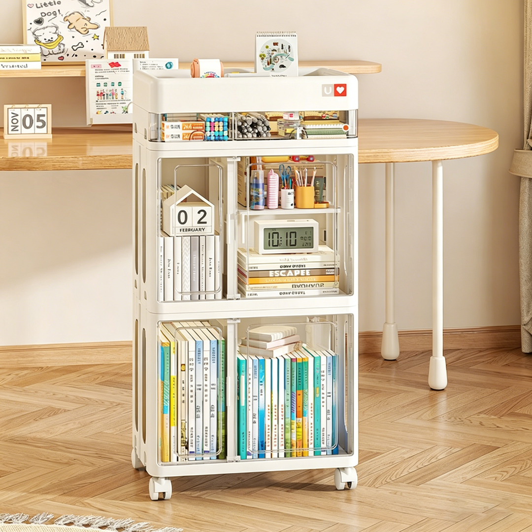 Modern Minimalist PP &amp; ABS &amp; HIPS &amp; PET Space-Saving Rectangular Folding Bookcase With Doors &amp; Wheels Storage Cabinet 1-4 Tier For Living Room