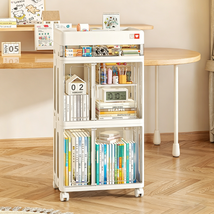Modern Minimalist PP &amp; ABS &amp; HIPS &amp; PET Space-Saving Rectangular Folding Bookcase With Doors &amp; Wheels Storage Cabinet 1-4 Tier For Living Room