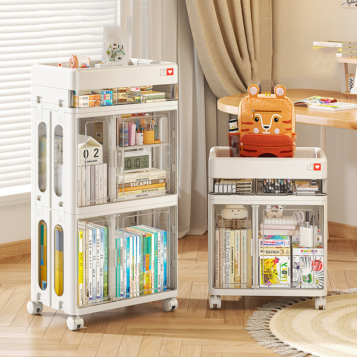 Modern Minimalist PP &amp; ABS &amp; HIPS &amp; PET Space-Saving Rectangular Folding Bookcase With Doors &amp; Wheels Storage Cabinet 1-4 Tier For Living Room