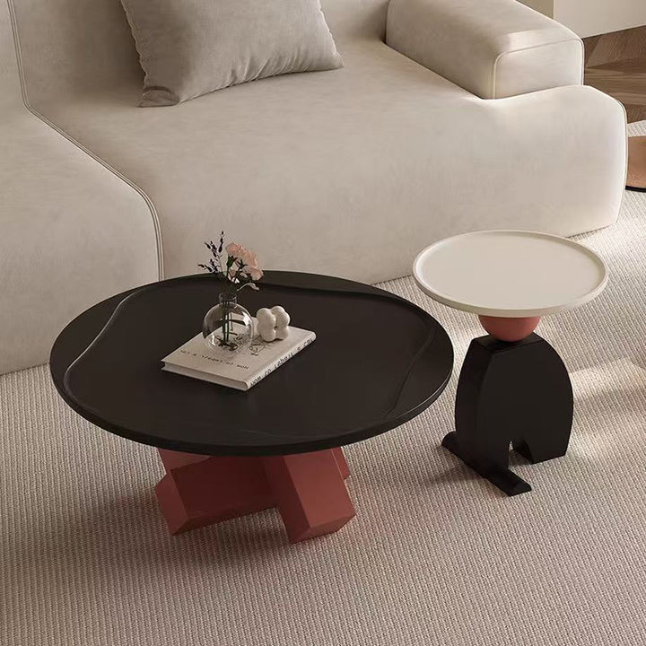 Traditional Luxury Pine Wood Iron Round Geometric Design Decorative 2-Piece Coffee Table Set 1-Tier For Living Room