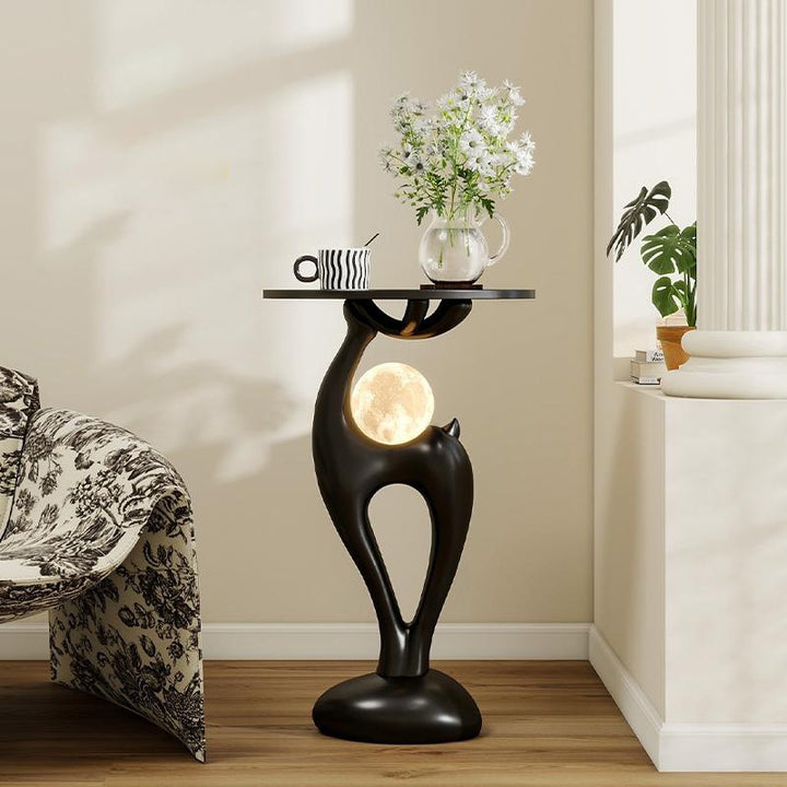 Modern Minimalist MDF Eco-friendly Resin Decorative Deer-Shaped With USB LED Moon Lamp Side Table 1-Tier For Living Room &amp; Entryway