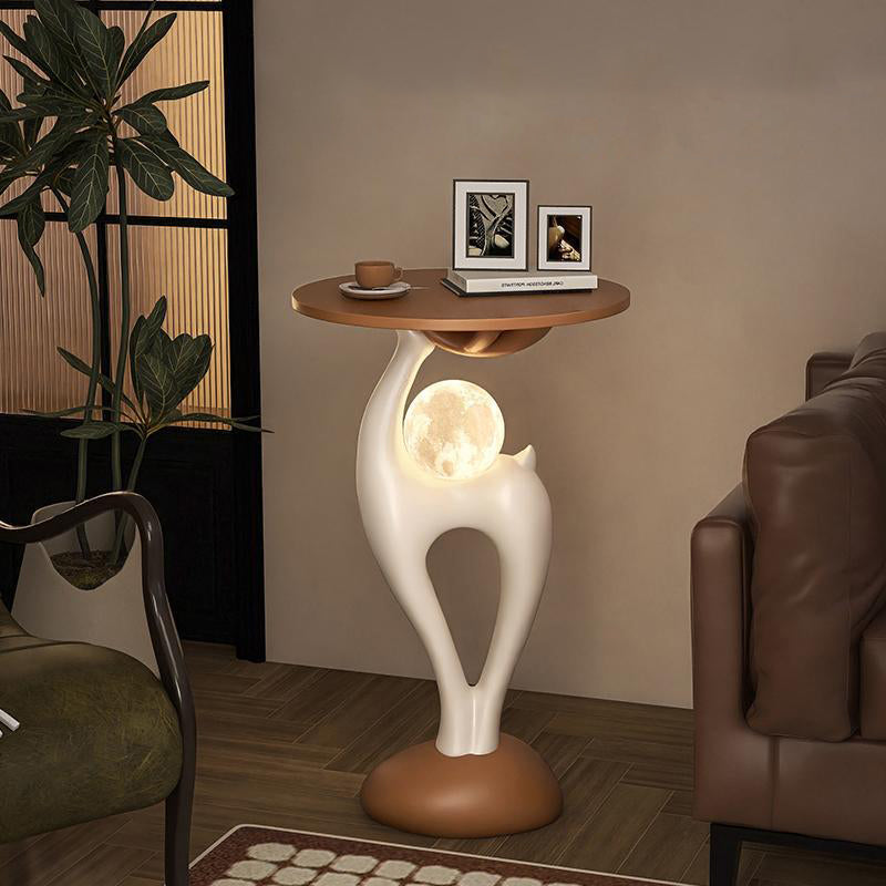 Modern Minimalist MDF Eco-friendly Resin Decorative Deer-Shaped With USB LED Moon Lamp Side Table 1-Tier For Living Room &amp; Entryway