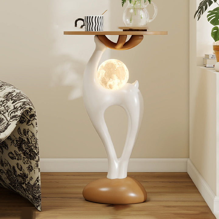 Modern Minimalist MDF Eco-friendly Resin Decorative Deer-Shaped With USB LED Moon Lamp Side Table 1-Tier For Living Room &amp; Entryway