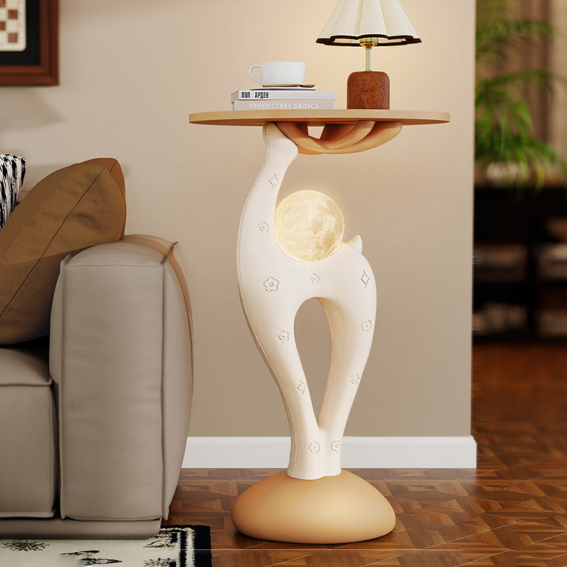 Modern Minimalist MDF Eco-friendly Resin Decorative Deer-Shaped With USB LED Moon Lamp Side Table 1-Tier For Living Room &amp; Entryway