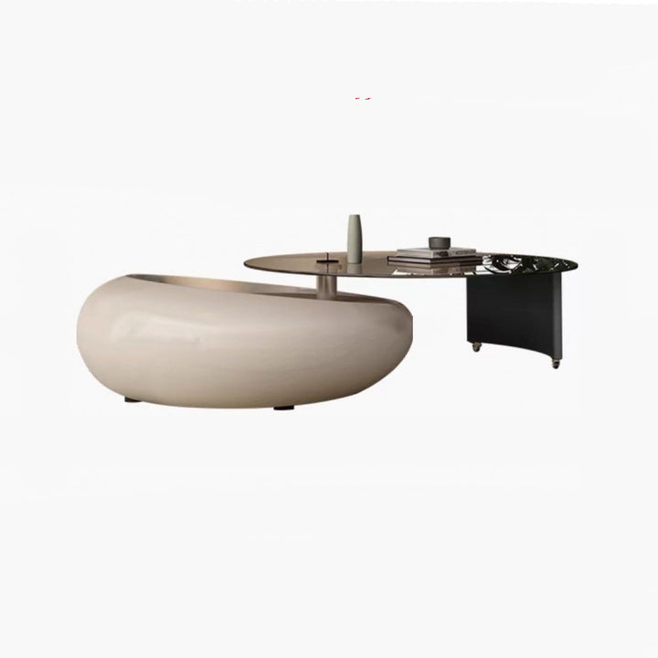 Modern Minimalist Glass Engineered Veneer &amp; Engineered Wood Stainless Steel Round Decorative With Swivel Tabletop Rotating Coffee Table 2-Tier For Living Room