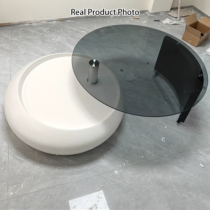 Modern Minimalist Glass Engineered Veneer &amp; Engineered Wood Stainless Steel Round Decorative With Swivel Tabletop Rotating Coffee Table 2-Tier For Living Room