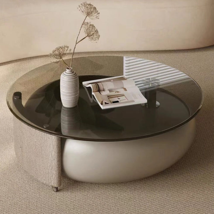 Modern Minimalist Glass Engineered Veneer &amp; Engineered Wood Stainless Steel Round Decorative With Swivel Tabletop Rotating Coffee Table 2-Tier For Living Room