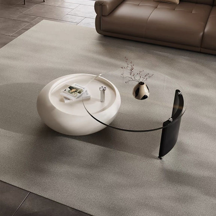 Modern Minimalist Glass Engineered Veneer &amp; Engineered Wood Stainless Steel Round Decorative With Swivel Tabletop Rotating Coffee Table 2-Tier For Living Room