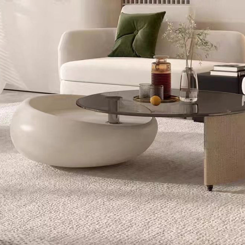 Modern Minimalist Glass Engineered Veneer &amp; Engineered Wood Stainless Steel Round Decorative With Swivel Tabletop Rotating Coffee Table 2-Tier For Living Room