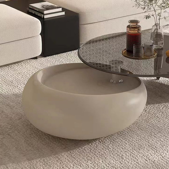 Modern Minimalist Glass Engineered Veneer &amp; Engineered Wood Stainless Steel Round Decorative With Swivel Tabletop Rotating Coffee Table 2-Tier For Living Room