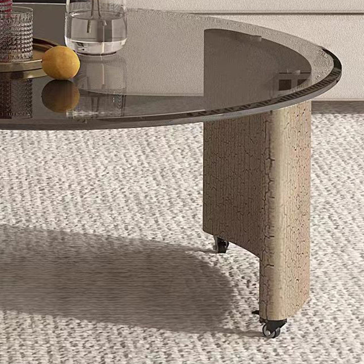 Modern Minimalist Glass Engineered Veneer &amp; Engineered Wood Stainless Steel Round Decorative With Swivel Tabletop Rotating Coffee Table 2-Tier For Living Room