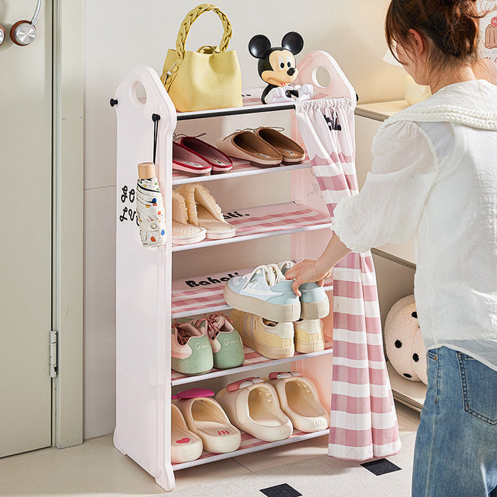 Modern Minimalist PP Fabric Steel Tube House-Shaped Space-Saving Pink And White Dustproof Shoe Organizer With Curtain Shoe Storage 3-6 Tier For Entryway