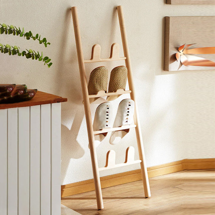 Modern Minimalist Beech Wood Ladder-Style Space-Saving Decorative 4-Tier Shoe Storage Rack For Entryway