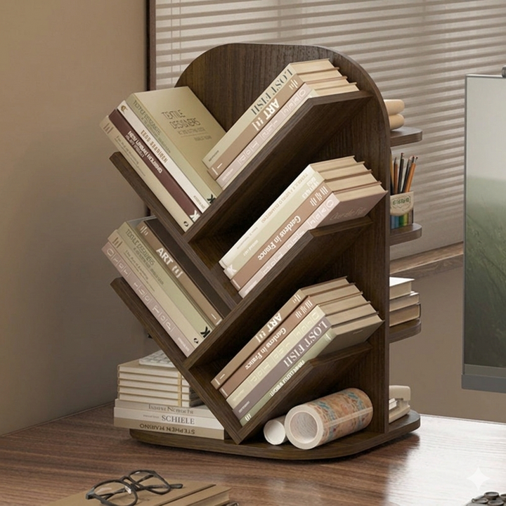Modern Minimalist MDF Rotatable Dual-Sided Design Decorative Space-Saving Curved Kid Storage Rack 4-Tier For Living Room