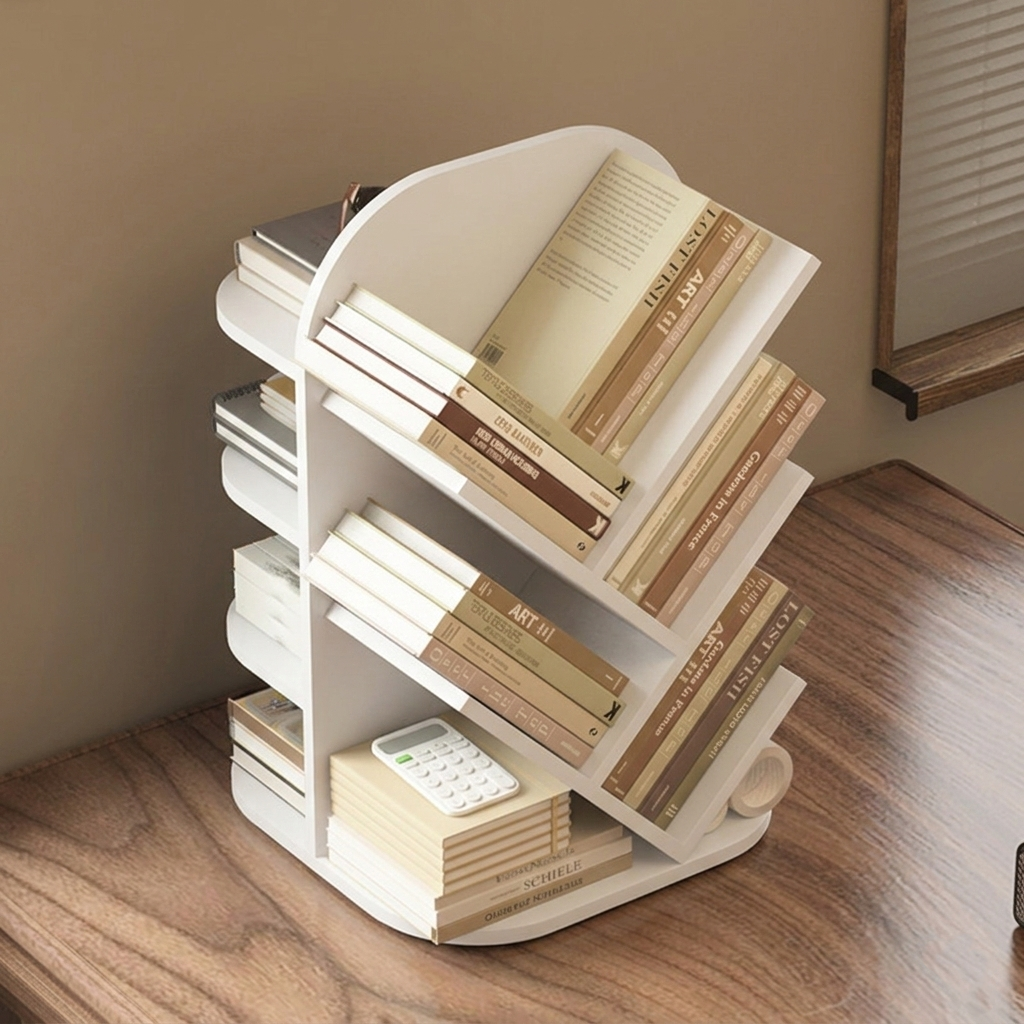 Modern Minimalist MDF Rotatable Dual-Sided Design Decorative Space-Saving Curved Kid Storage Rack 4-Tier For Living Room