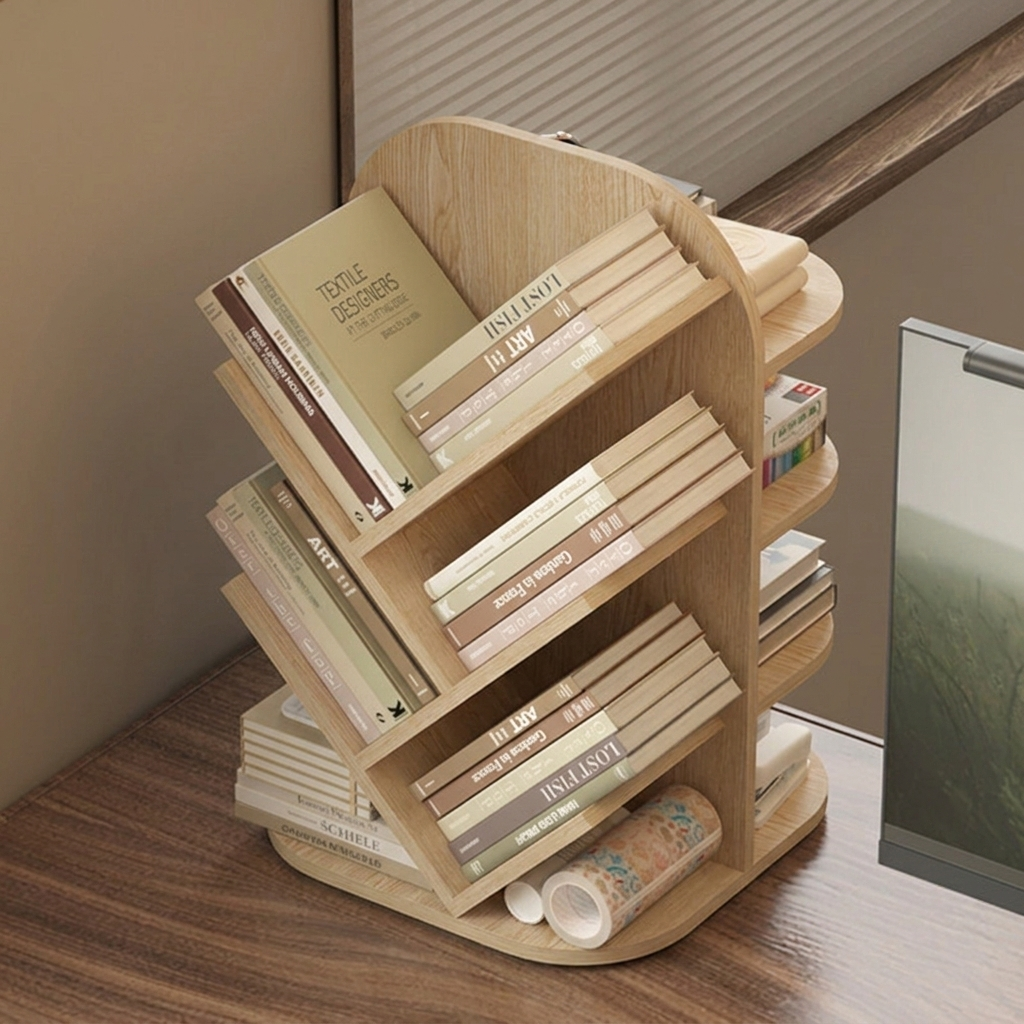 Modern Minimalist MDF Rotatable Dual-Sided Design Decorative Space-Saving Curved Kid Storage Rack 4-Tier For Living Room