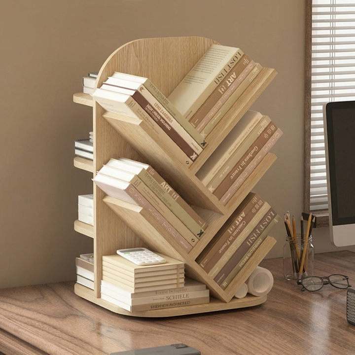 Modern Minimalist MDF Rotatable Dual-Sided Design Decorative Space-Saving Curved Kid Storage Rack 4-Tier For Living Room
