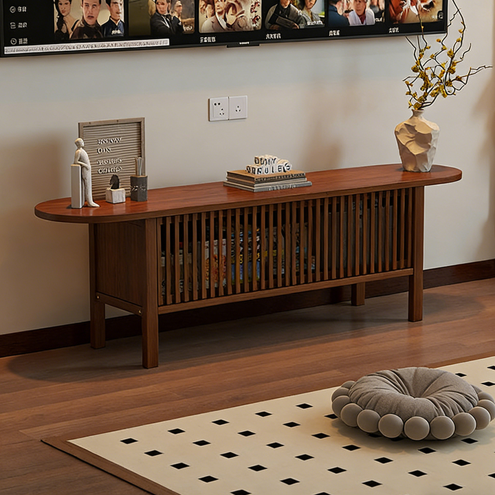 Traditional Vintage Moso Bamboo Faux Rattan Weaving Rectangular Decorative Space-Saving TV Stand 2-Tier For Living Room