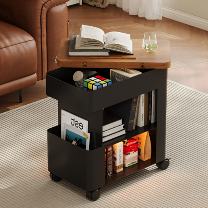 Modern Minimalist Plywood Iron Movable Decorative Rolling Expandable Tabletop End Table 4-Tier For Living Room