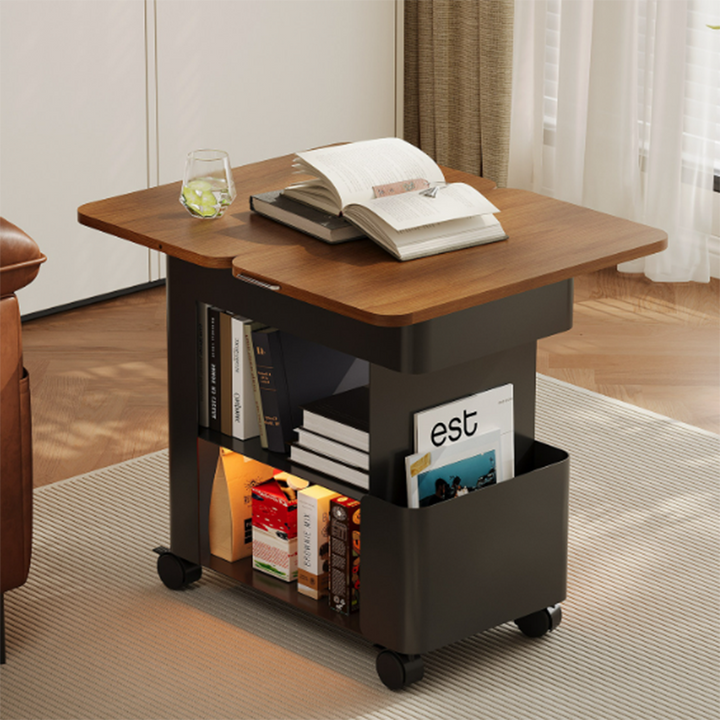Modern Minimalist Plywood Iron Movable Decorative Rolling Expandable Tabletop End Table 4-Tier For Living Room