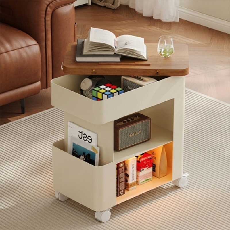 Modern Minimalist Plywood Iron Movable Decorative Rolling Expandable Tabletop End Table 4-Tier For Living Room