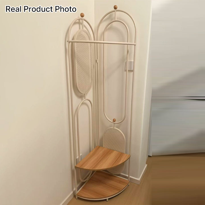 Modern Minimalist Plywood Iron Plastic Schima Wood Corner Design Space-Saving Open Hall Tree 2-Tier For Bedroom