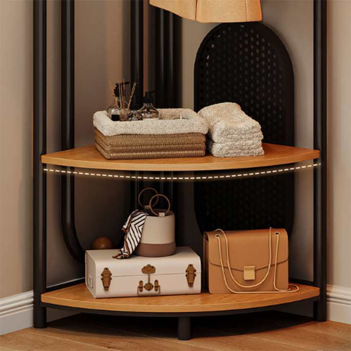 Modern Minimalist Plywood Iron Plastic Schima Wood Corner Design Space-Saving Open Hall Tree 2-Tier For Bedroom