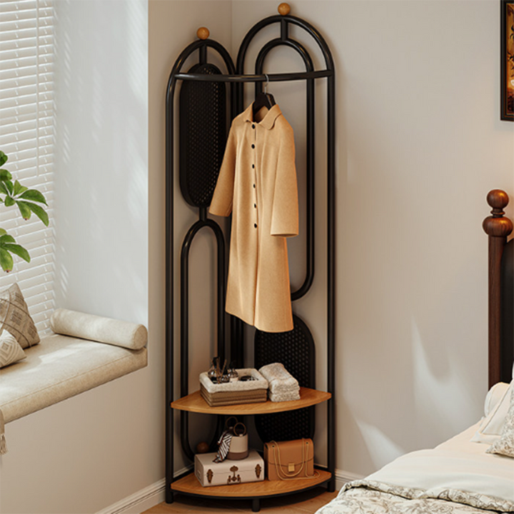 Modern Minimalist Plywood Iron Plastic Schima Wood Corner Design Space-Saving Open Hall Tree 2-Tier For Bedroom