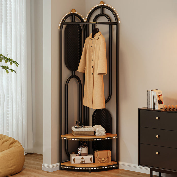 Modern Minimalist Plywood Iron Plastic Schima Wood Corner Design Space-Saving Open Hall Tree 2-Tier For Bedroom