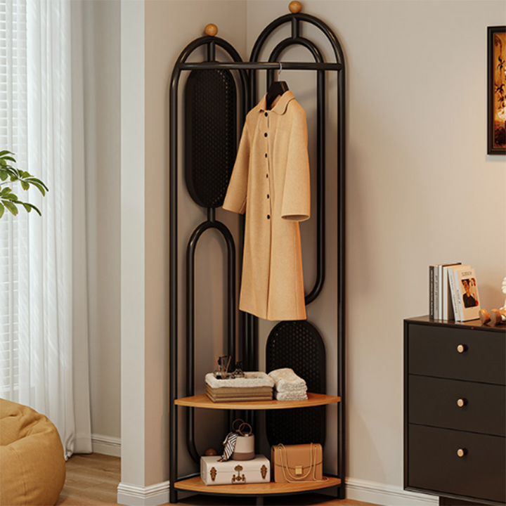 Modern Minimalist Plywood Iron Plastic Schima Wood Corner Design Space-Saving Open Hall Tree 2-Tier For Bedroom