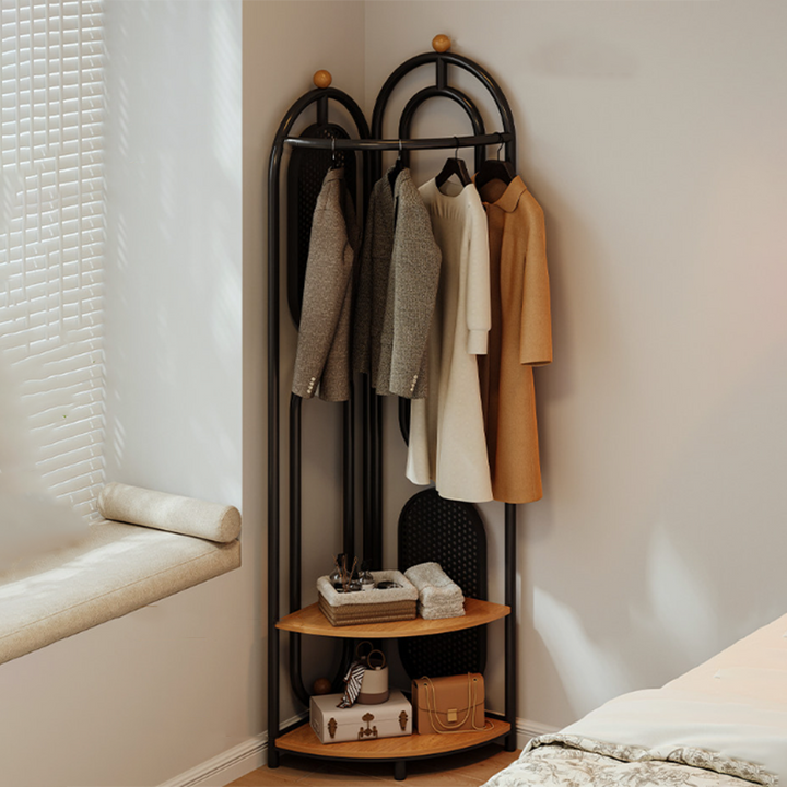 Modern Minimalist Plywood Iron Plastic Schima Wood Corner Design Space-Saving Open Hall Tree 2-Tier For Bedroom