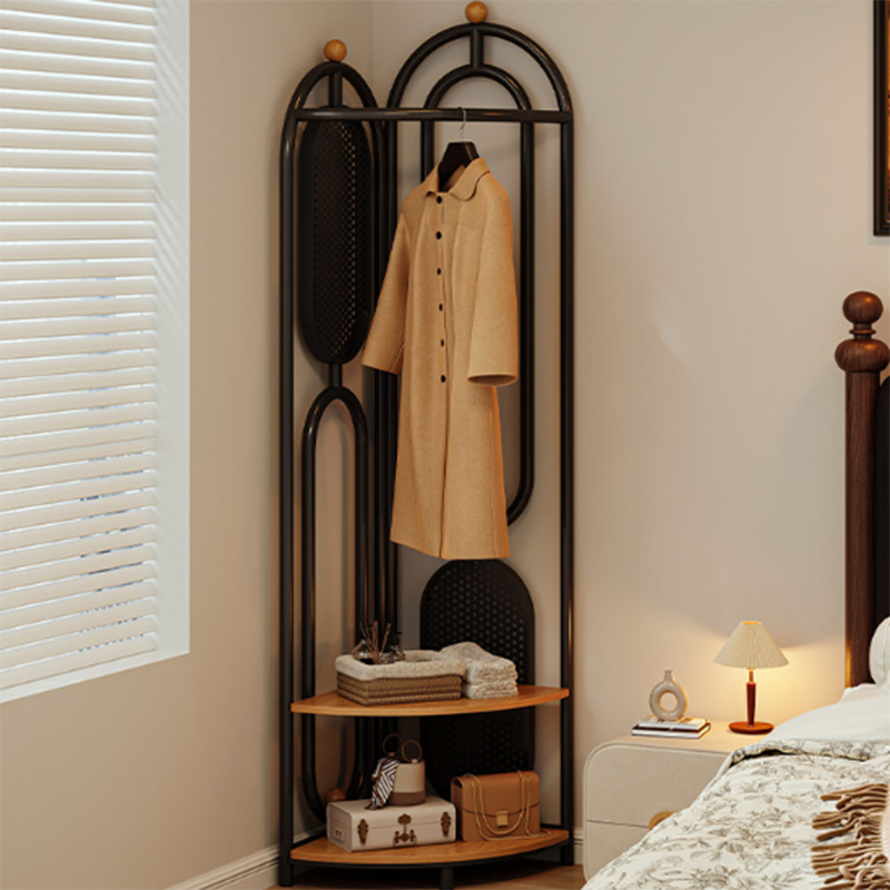 Modern Minimalist Plywood Iron Plastic Schima Wood Corner Design Space-Saving Open Hall Tree 2-Tier For Bedroom
