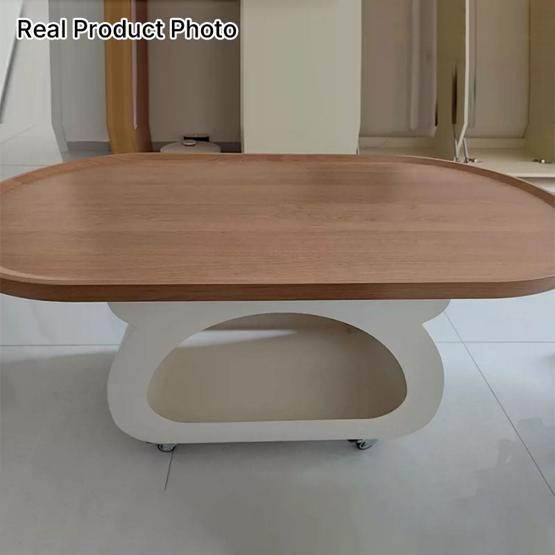 Contemporary Nordic Plywood Carbon Steel Rounded Edges Compact Rolling Movable Decorative Coffee Table 2-Tier For Living Room