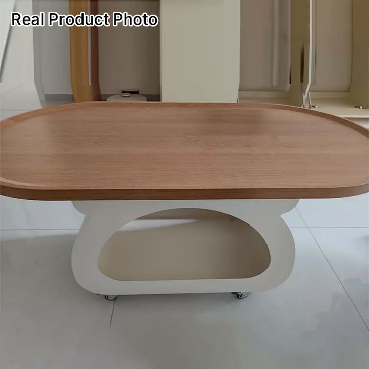 Contemporary Nordic Plywood Carbon Steel Rounded Edges Compact Rolling Movable Decorative Coffee Table 2-Tier For Living Room