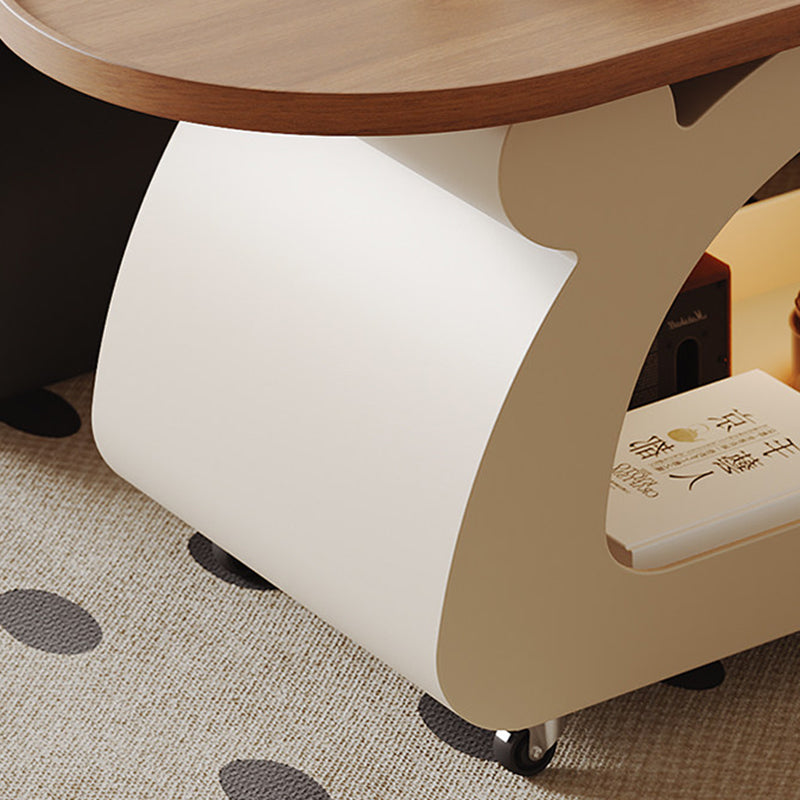 Contemporary Nordic Plywood Carbon Steel Rounded Edges Compact Rolling Movable Decorative Coffee Table 2-Tier For Living Room