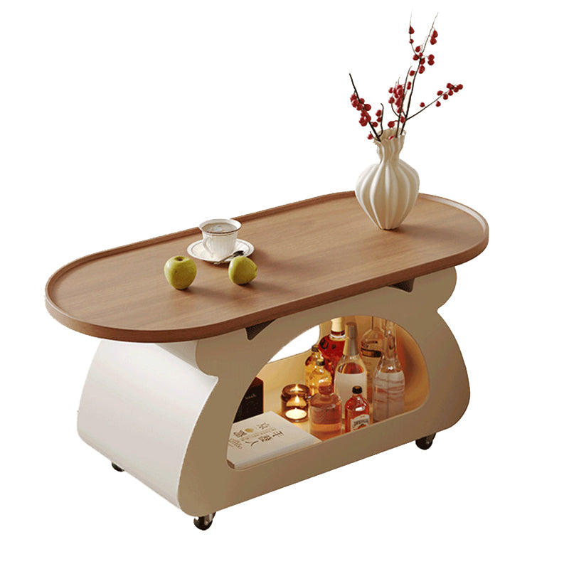 Contemporary Nordic Plywood Carbon Steel Rounded Edges Compact Rolling Movable Decorative Coffee Table 2-Tier For Living Room