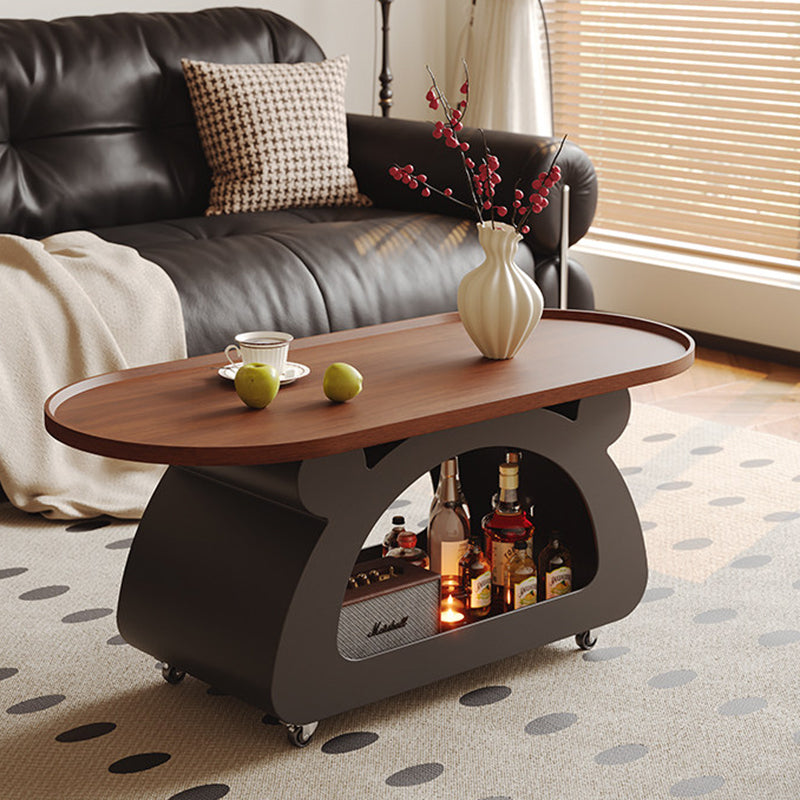 Contemporary Nordic Plywood Carbon Steel Rounded Edges Compact Rolling Movable Decorative Coffee Table 2-Tier For Living Room