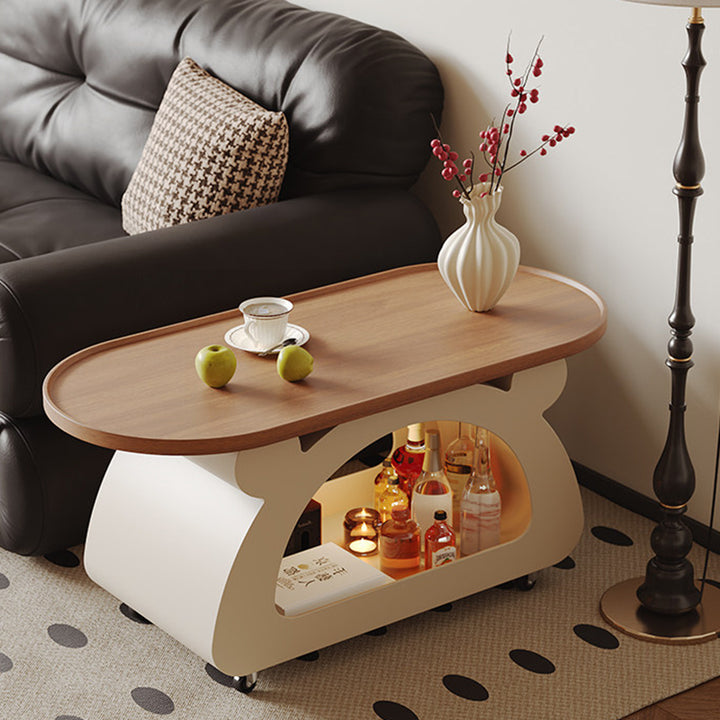 Contemporary Nordic Plywood Carbon Steel Rounded Edges Compact Rolling Movable Decorative Coffee Table 2-Tier For Living Room