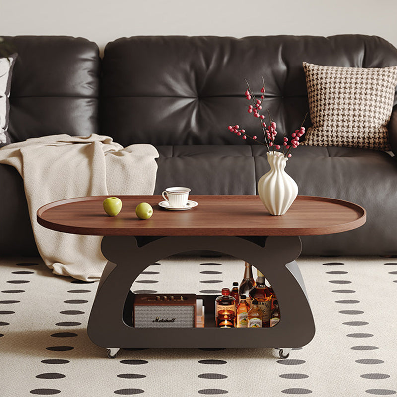Contemporary Nordic Plywood Carbon Steel Rounded Edges Compact Rolling Movable Decorative Coffee Table 2-Tier For Living Room